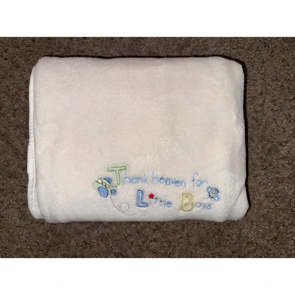 Just Born Plush White Thank Heaven for Little Boys Planes Baby Blanket 30x40